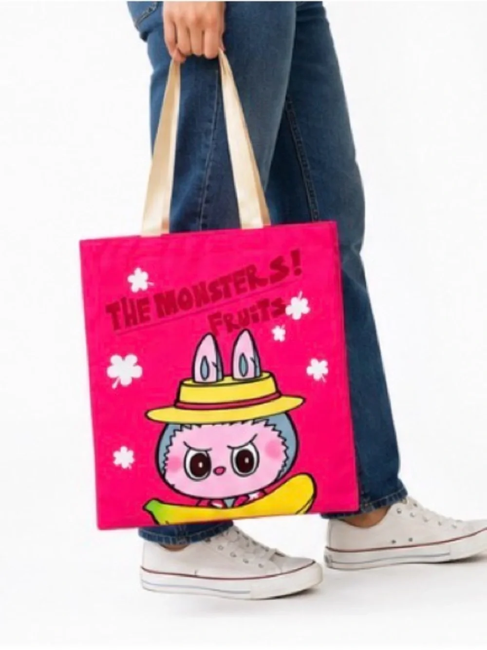 Cute Pink Cartoon Tote Bag with Yellow Accent13”x14” cotton